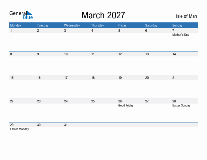 Fillable March 2027 Calendar