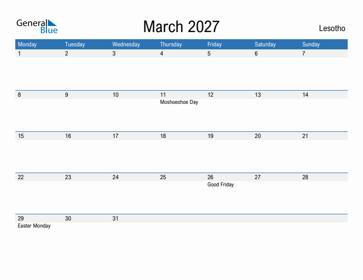 Fillable March 2027 Calendar