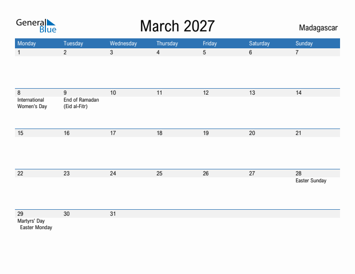 Fillable March 2027 Calendar