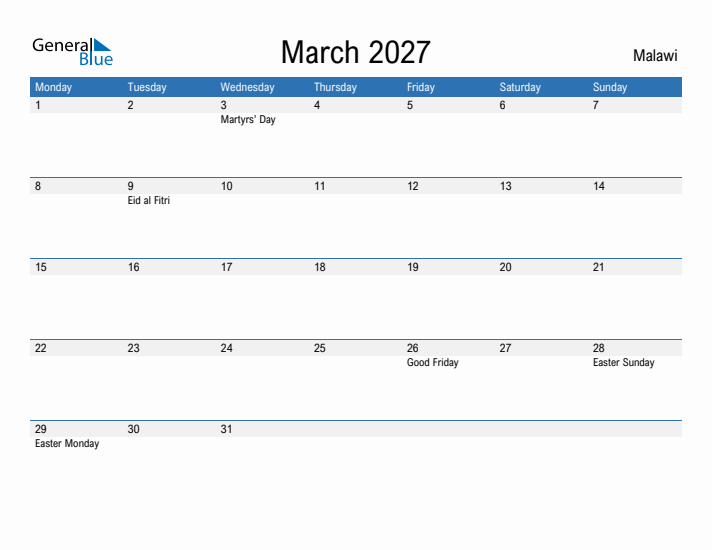 Fillable March 2027 Calendar