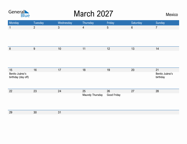 Fillable March 2027 Calendar