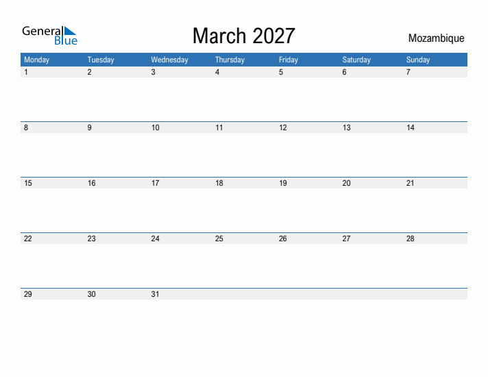 Fillable March 2027 Calendar