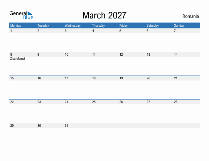 Fillable March 2027 Calendar