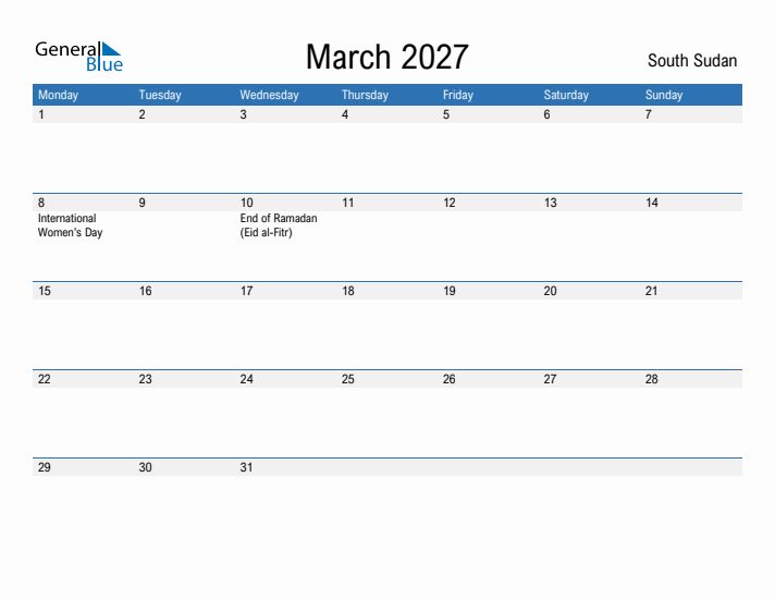 Fillable March 2027 Calendar