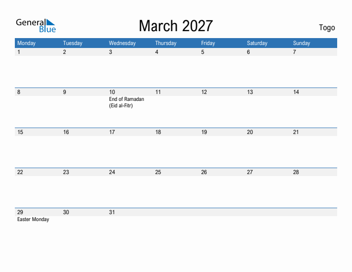 Fillable March 2027 Calendar