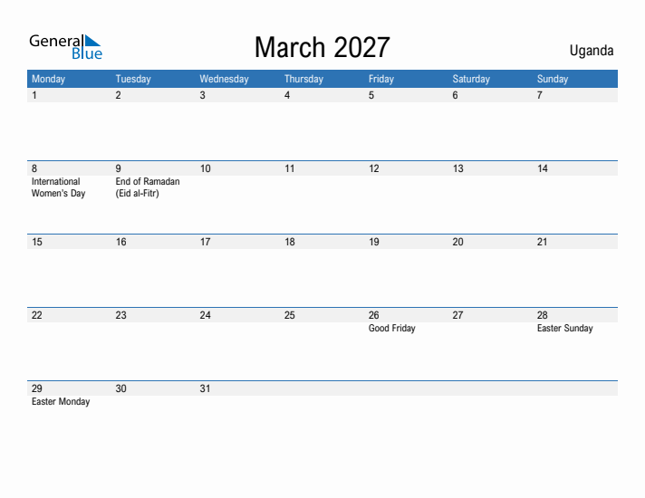 Fillable March 2027 Calendar