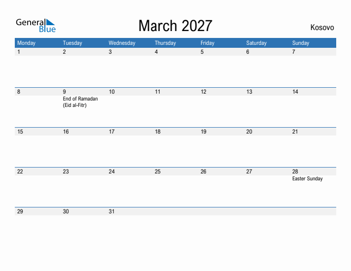 Fillable March 2027 Calendar