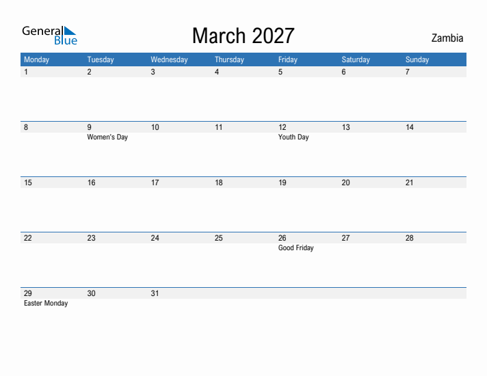 Fillable March 2027 Calendar