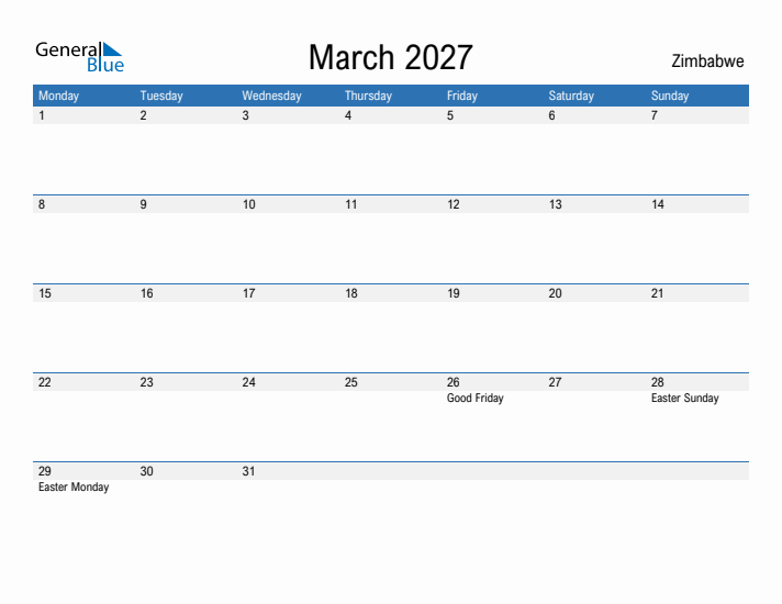 Fillable March 2027 Calendar