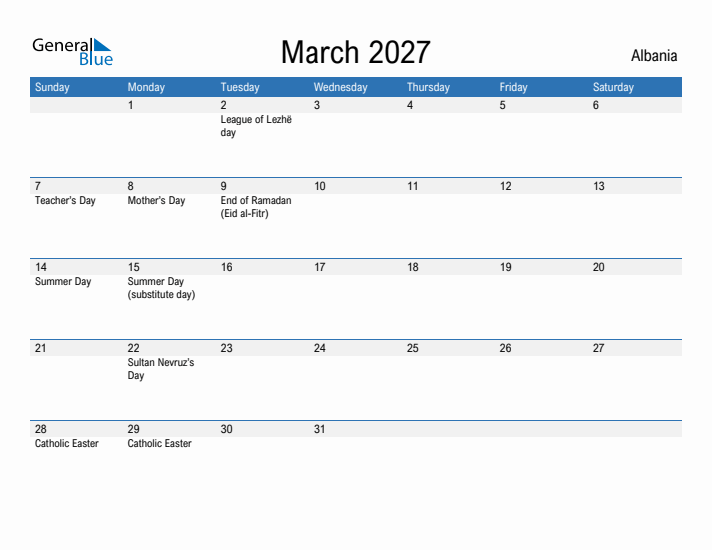 Fillable March 2027 Calendar