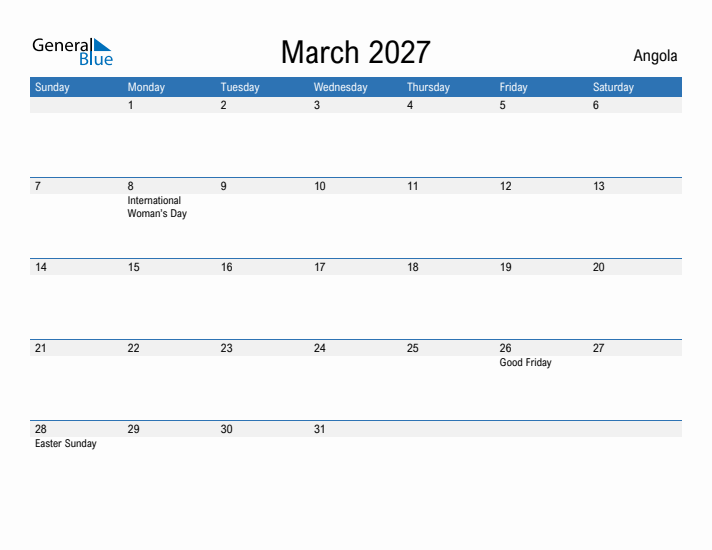 Fillable March 2027 Calendar