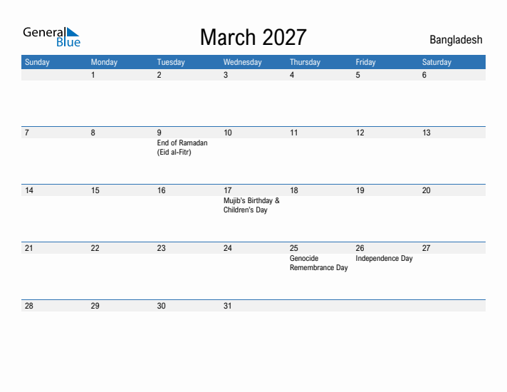 Fillable March 2027 Calendar