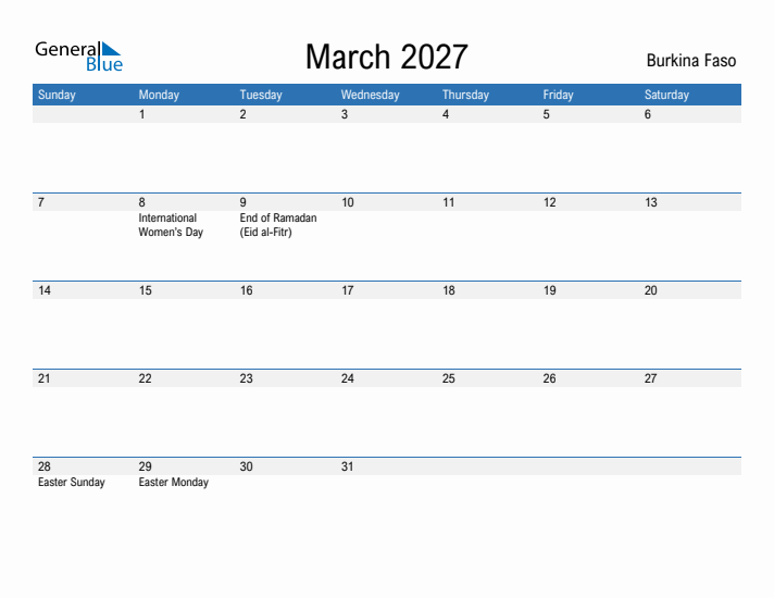 Fillable March 2027 Calendar