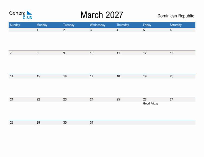 Fillable March 2027 Calendar