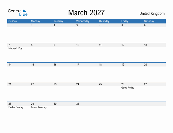 Fillable March 2027 Calendar