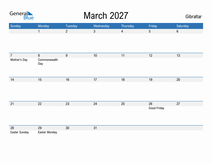 Fillable March 2027 Calendar