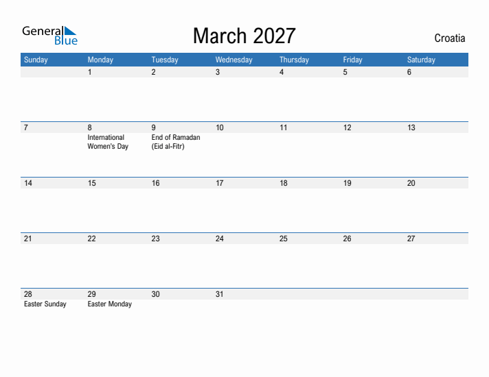 Fillable March 2027 Calendar