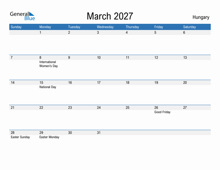 Fillable March 2027 Calendar