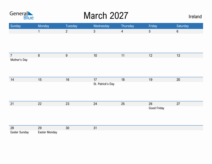 Fillable March 2027 Calendar