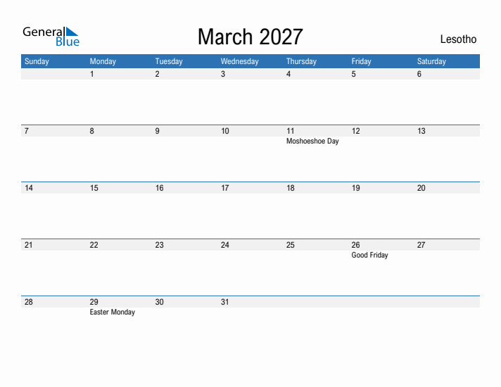 Fillable March 2027 Calendar