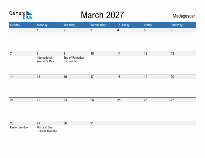 Fillable March 2027 Calendar