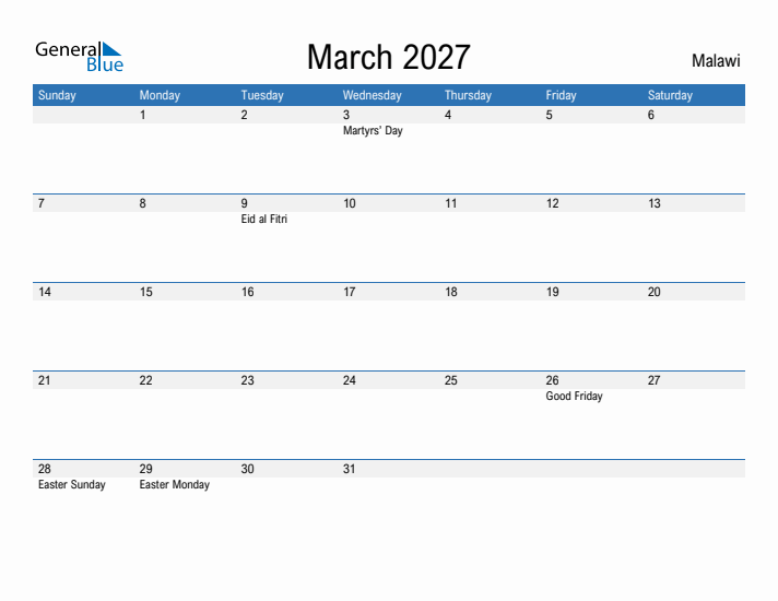 Fillable March 2027 Calendar