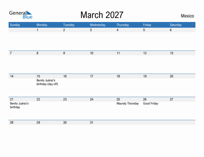 Fillable March 2027 Calendar