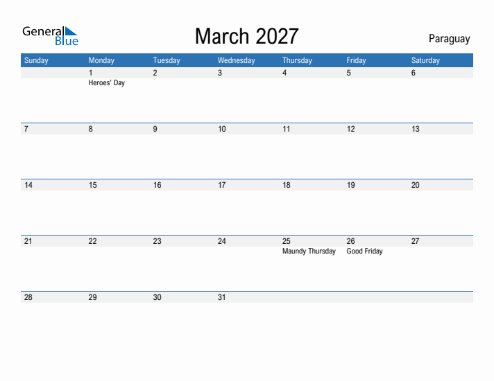 Fillable March 2027 Calendar