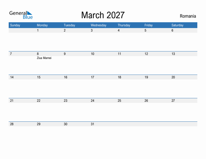 Fillable March 2027 Calendar