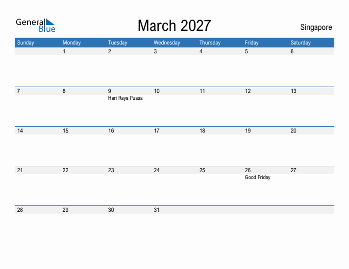 Fillable March 2027 Calendar