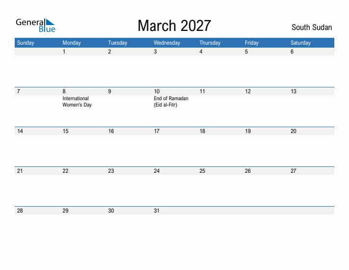 Fillable March 2027 Calendar