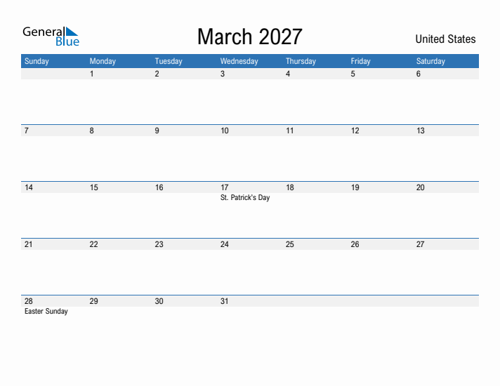 Fillable March 2027 Calendar