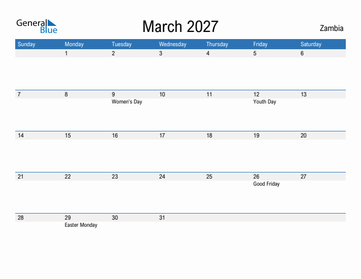 Fillable March 2027 Calendar