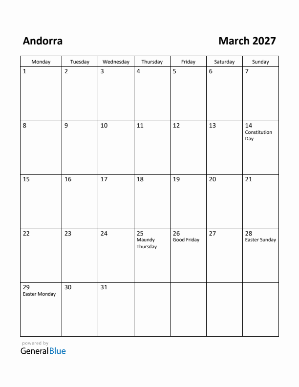 March 2027 Calendar with Andorra Holidays