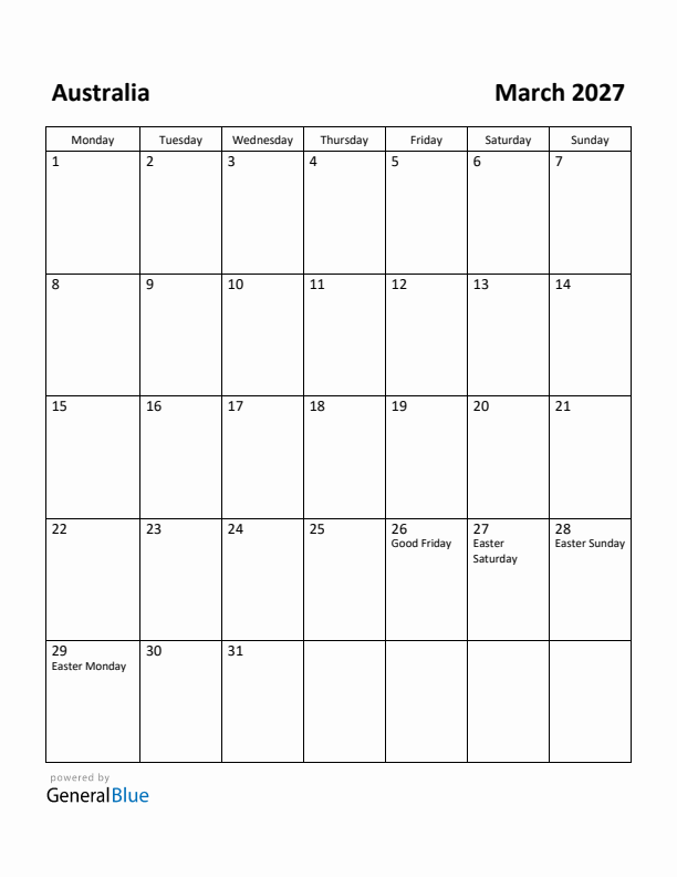 March 2027 Calendar with Australia Holidays