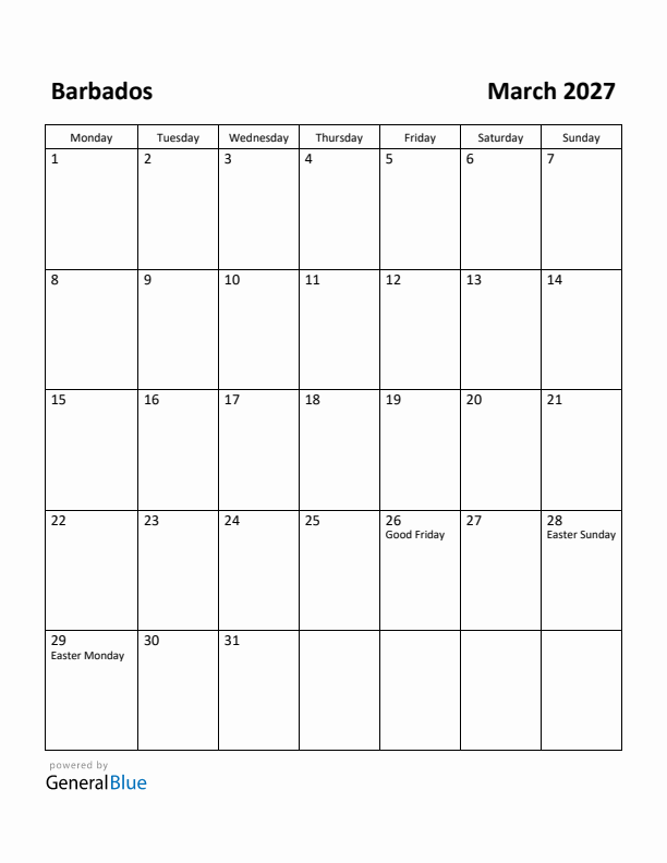 March 2027 Calendar with Barbados Holidays