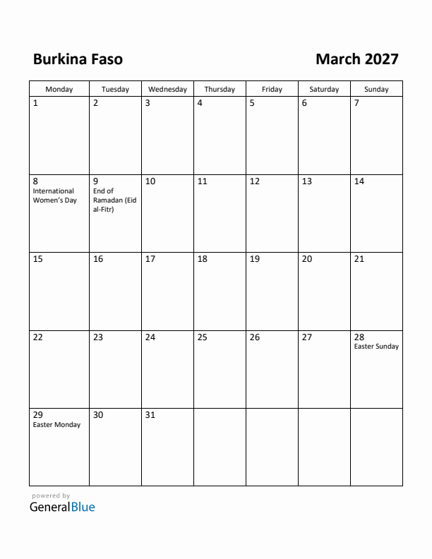 March 2027 Calendar with Burkina Faso Holidays