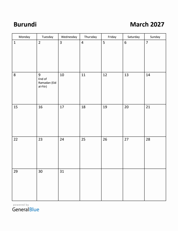 March 2027 Calendar with Burundi Holidays