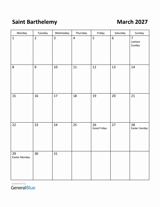 March 2027 Calendar with Saint Barthelemy Holidays