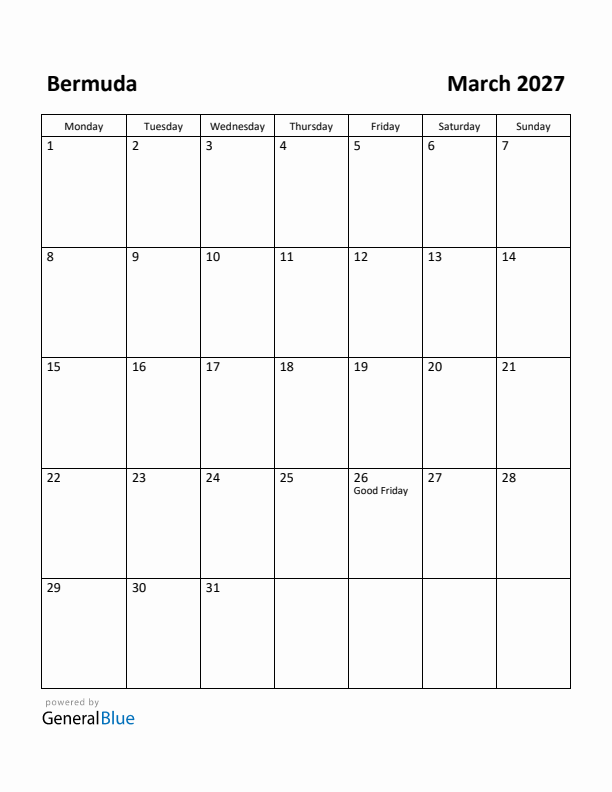 March 2027 Calendar with Bermuda Holidays