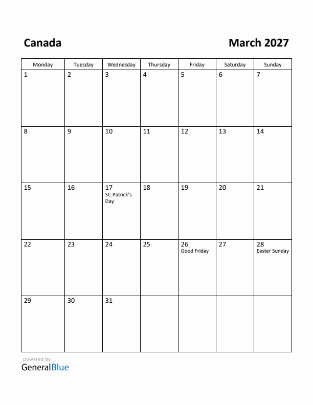 March 2027 Calendar with Canada Holidays