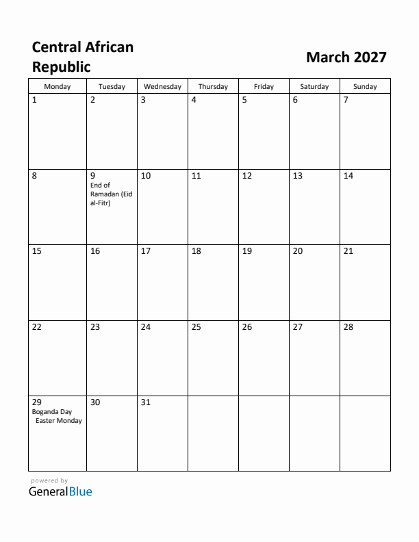 March 2027 Calendar with Central African Republic Holidays