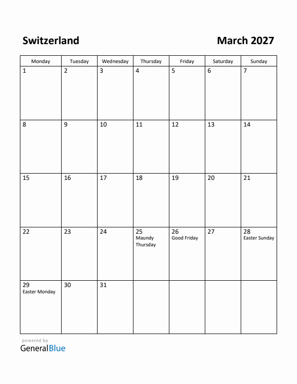 March 2027 Calendar with Switzerland Holidays