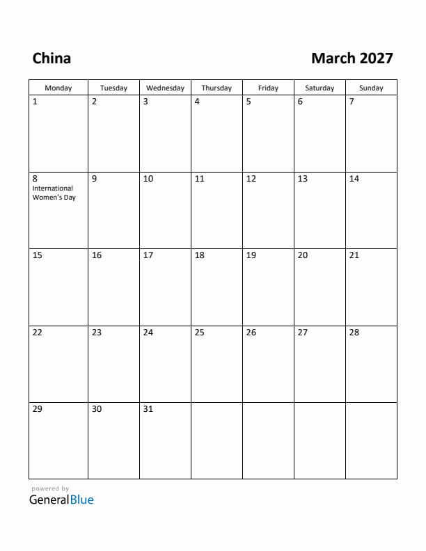 March 2027 Calendar with China Holidays