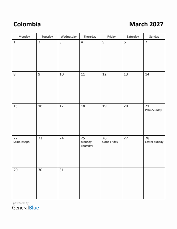 March 2027 Calendar with Colombia Holidays