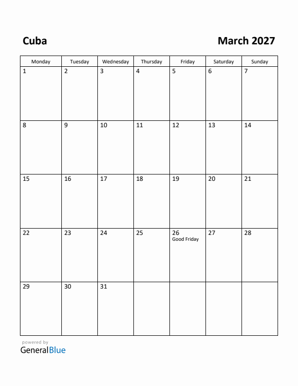 March 2027 Calendar with Cuba Holidays