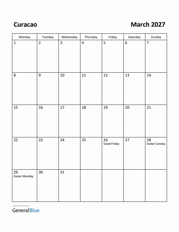 March 2027 Calendar with Curacao Holidays