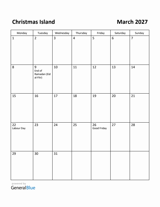 March 2027 Calendar with Christmas Island Holidays