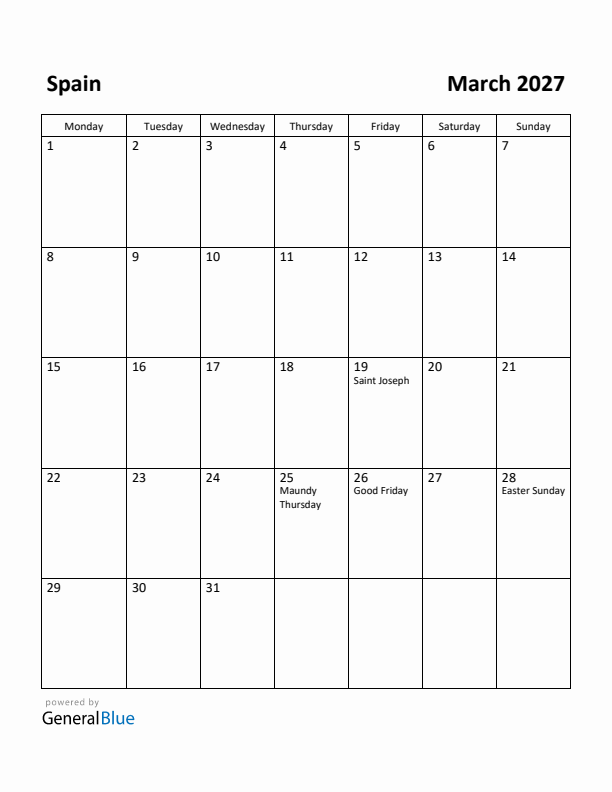 March 2027 Calendar with Spain Holidays