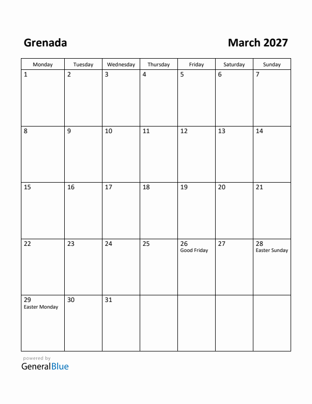 March 2027 Calendar with Grenada Holidays